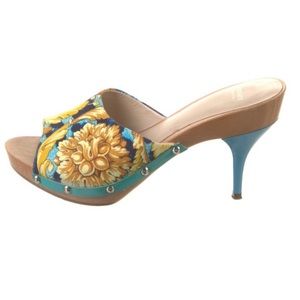 💎Versace blue/yellow canvas wood heels, size 7/37 w/ RFID & box - gorgeous!